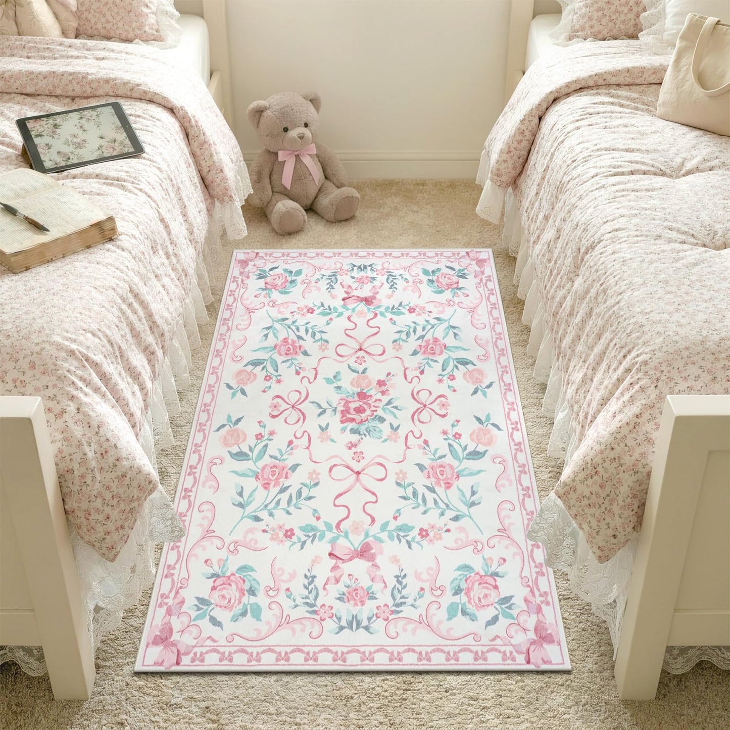 Collive 3x5 Nursery Rug, Boho Pink Floral Area Rugs Machine Washable, Soft Ultra-Thin Bow Carpet Non Slip for Girls Room Bedroom Entryway Playroom Living Room (Pink, 3' X 5')