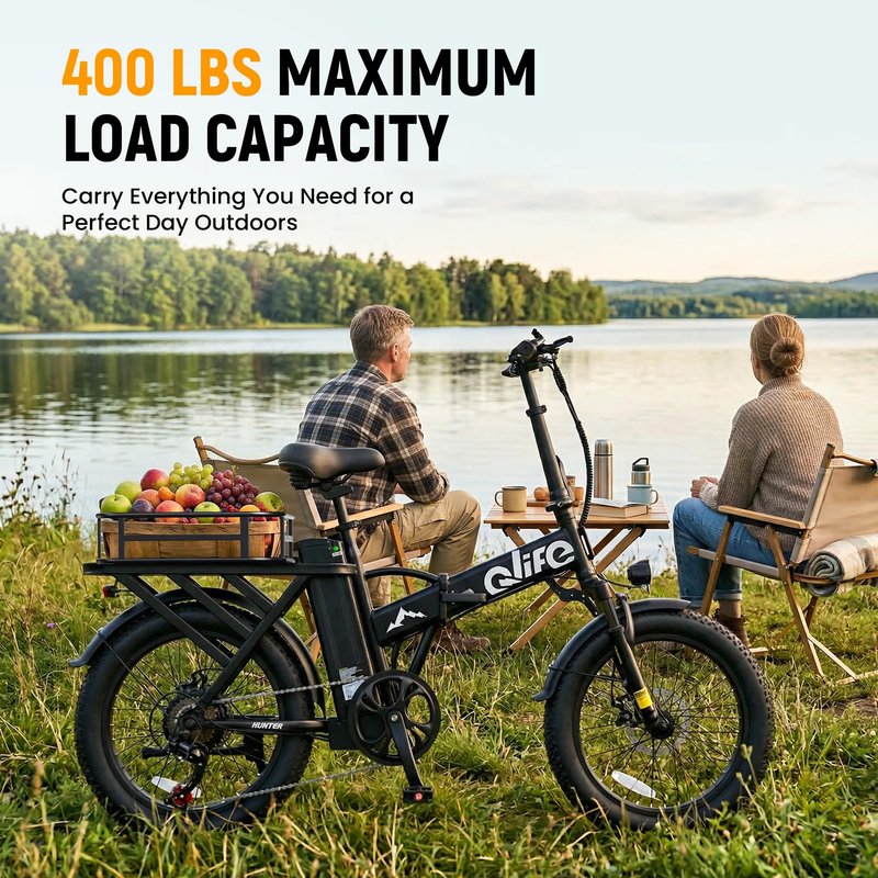 Qlife Hunter Foldable Electric Bike for Adults, Peak 1200W Ebike with 48V 13.5Ah Battery, 65-Mile Range, Heavy-Duty Rear Rack, 20-Inch Fat Tires, Folding E Bike for Commuting & Outdoor Use