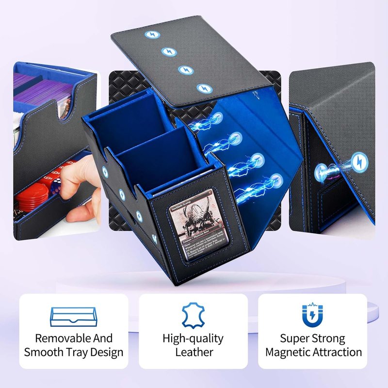 MTG Commander Deck Box - 3-in-1 Magnetic Card Organizer with 2 Top Loaders & Dice Tray | Fits 200 Double Sleeved Cards (Black/Blue)