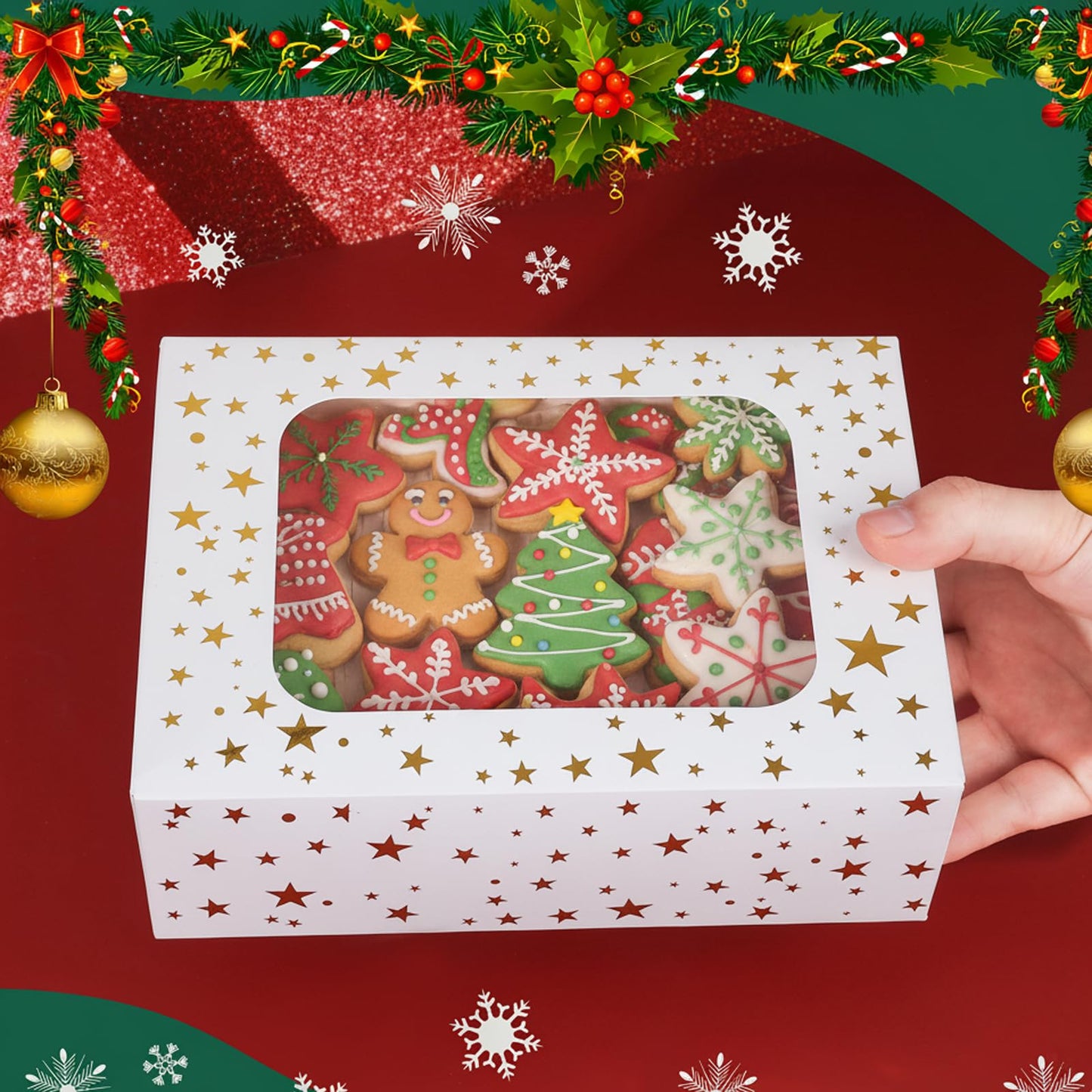 YEKTFS 24Pcs Christmas Cookie Boxes with Window - Gold Foil Star Pastry Boxes for Gift Giving, Bakery Boxes, White Christmas Cookie Tins with Lids,Dessert, Donut, Baked Goods Packaging