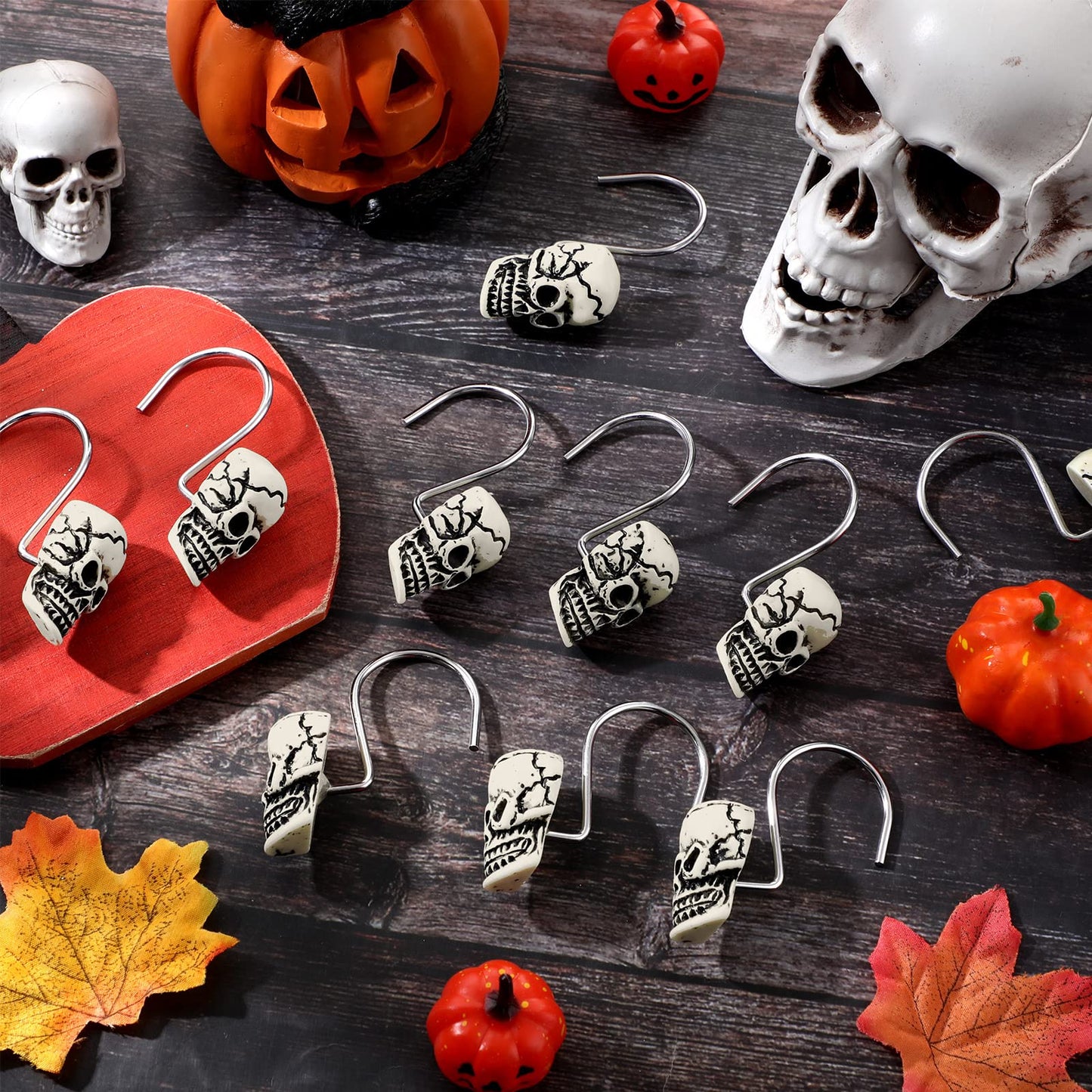 Jetec 12 Pcs Skull Shower Curtain Hooks Halloween Shower Rings Decorative Skeleton Curtain Hook Rings Stainless Steel Bathroom Hooks with Skull Decor for Home Halloween (Spooky Style)