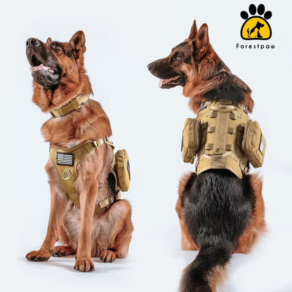 Forestpaw Tactical Dog Harness for Large Dogs,Tactical Dog Collar with Bungee Leash Set,No Pull Military Dog Harness for Walking Training,Adjustable for Medium Large Dogs,Khaki,Chest 21.5-45"