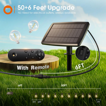 addlon 56FT(50+6) Solar String Lights Outdoor with Remote, 27 Shatterproof G40 Bulbs, Solar Powered & USB Charging Patio Lights, Dimmable Waterproof Solar String Lights for Outside, Camping, Backyard