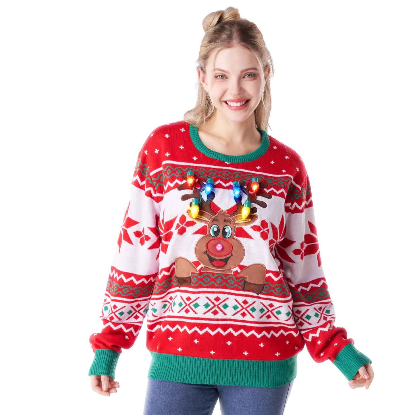 Giggling Getup Ugly Christmas Sweater for Women, LED Light Up Christmas Reindeer Ugly Sweater, Holiday Pullover for Women Red