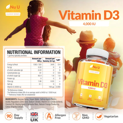 Vitamin D3 Gummies 4000 IU Adults - 90 High Strength Gummies - 1 a Day - Natural Orange Flavour - Vegetarian VIT D Supplement - Chewable VIT D Gummy - Made in The UK - Nu U Nutrition