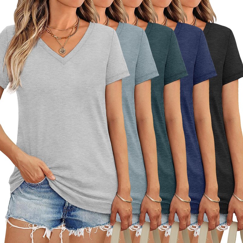 5 Pack V Neck T Shirts for Women Short Sleeve Tshirts Summer Casual Tops Loose Fit Basic Tees