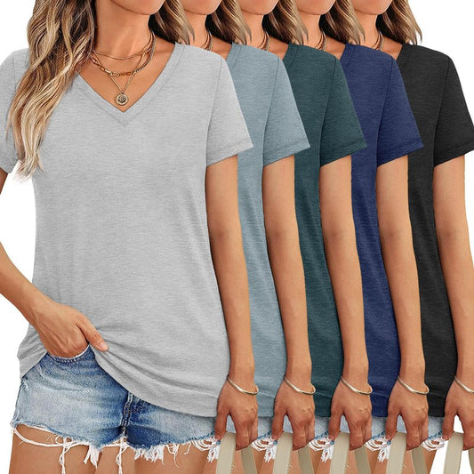 5 Pack V Neck T Shirts for Women Short Sleeve Tshirts Summer Casual Tops Loose Fit Basic Tees