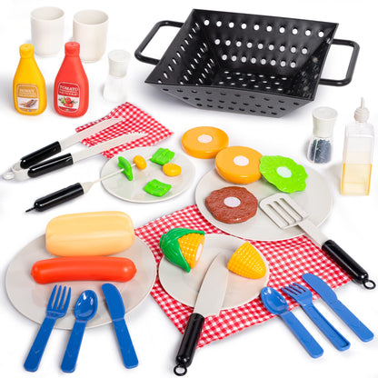 JOYIN 34 PCS Kitchen Toy Set, BBQ Play Grill, Cooking Toy Set, Little Chef Play, Kids Grill Playset Interactive BBQ for Kids with Light & Sound, Christmas Birthday Gift for Boys Girls