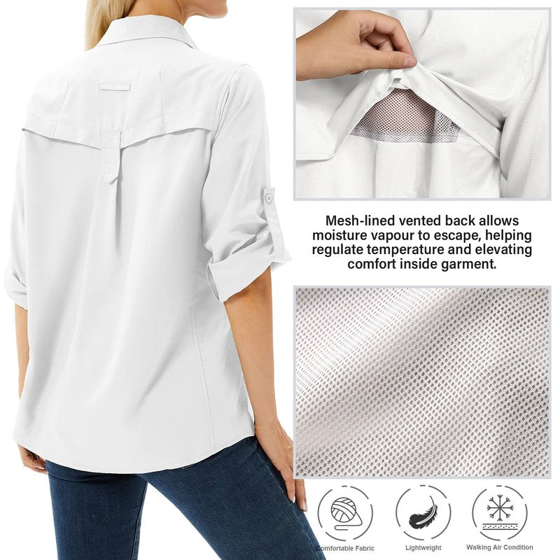Toumett Women's UPF 50 Long Sleeve UV Sun Protection Safari Shirts Outdoor Quick Dry Fishing Hiking Travel Shirts(White01,M,5071)