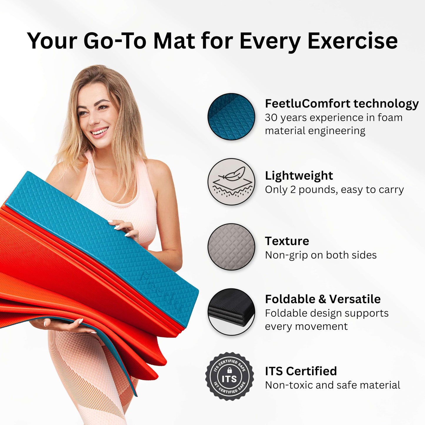 Feetlu Foldable Yoga Exercise Mat, 6mm/8mm/10mm/12mm Thickness, 72 x 24 Inch - Lightweight, Anti-Slip, and Easy to Store for Yoga, Pilates, Home Workouts, and Floor Exercises (Teal/Orange 6mm)