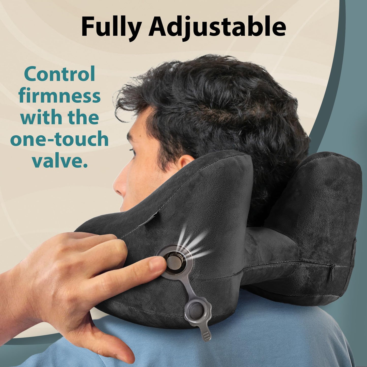 FLOWZOOM Air Inflatable Neck Pillow for Travel – H-Shape Airplane Pillow with 5 Sleeping Positions, Quick Inflation, Adjustable Pressure, Detachable Hood, Soft Plush Cover – Size M, Black