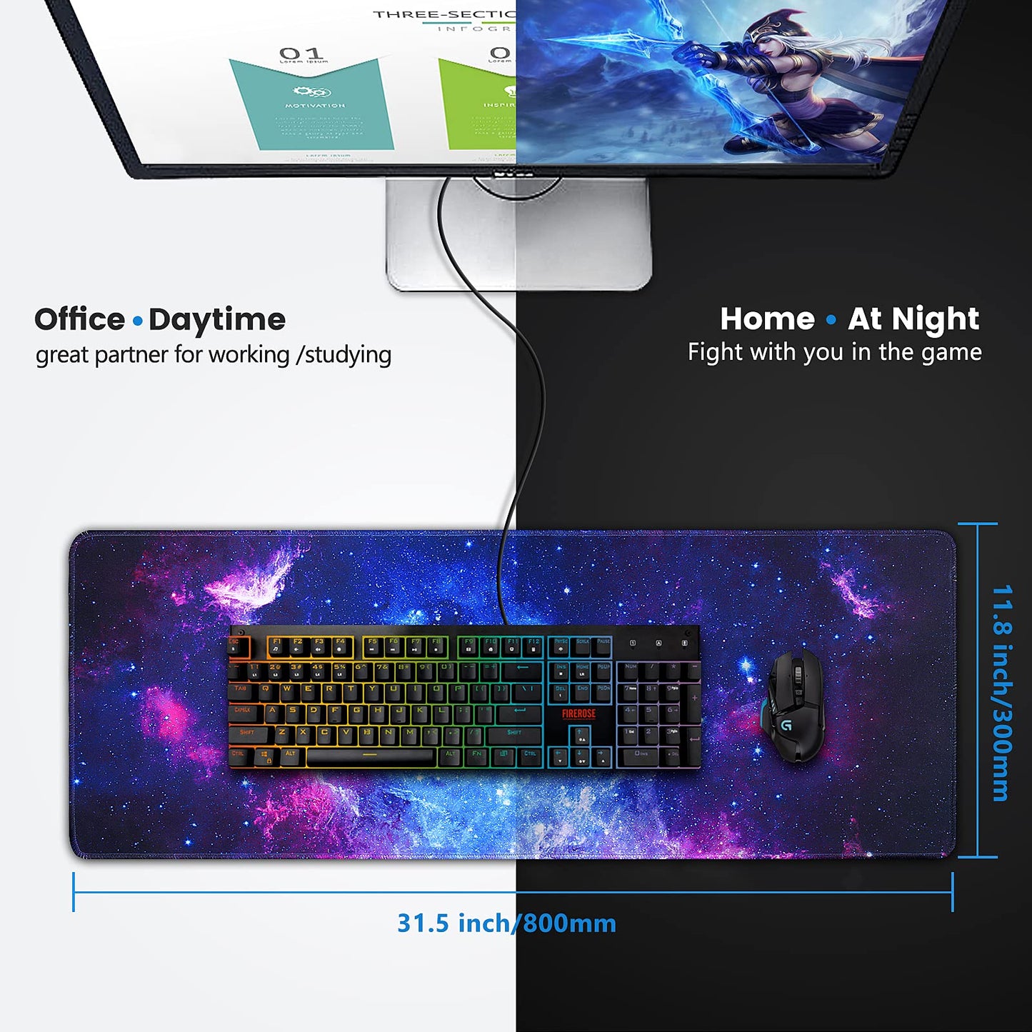 Gaming Mouse Pad, Large Mouse Pad XL 31. 5x11.8in, Big Extended Computer Keyboard Mouse Mat Desk Pad for Laptop with Stitched Edges, Waterproof Mousepad for Gamer Home&Office