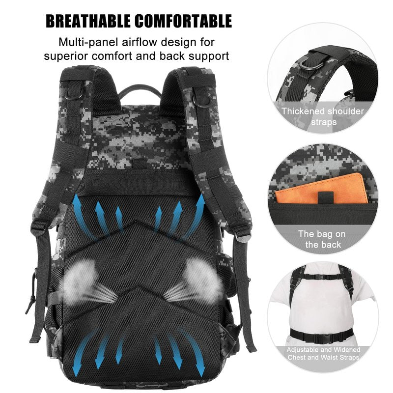 kookoomia Military Tactical Backpack 25L Day Backpack for Men Molle Army 3 Days Assault Pack Bug Out Bag Water Resistant and Heavy Duty Hiking Treeking Rucksack - Black Digital Camo