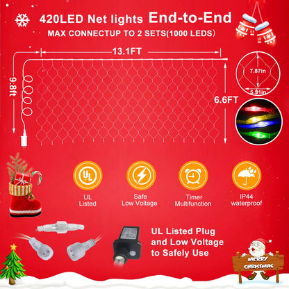 KNONEW Christmas Net Lights 420 LEDs 13ft x 6.6ft Outdoor Mesh Lights Connectable Waterproof 8 Modes & Timer Plug-in Net Fairy Lights for Bushes Garden Party Wedding Holiday,Multicolor