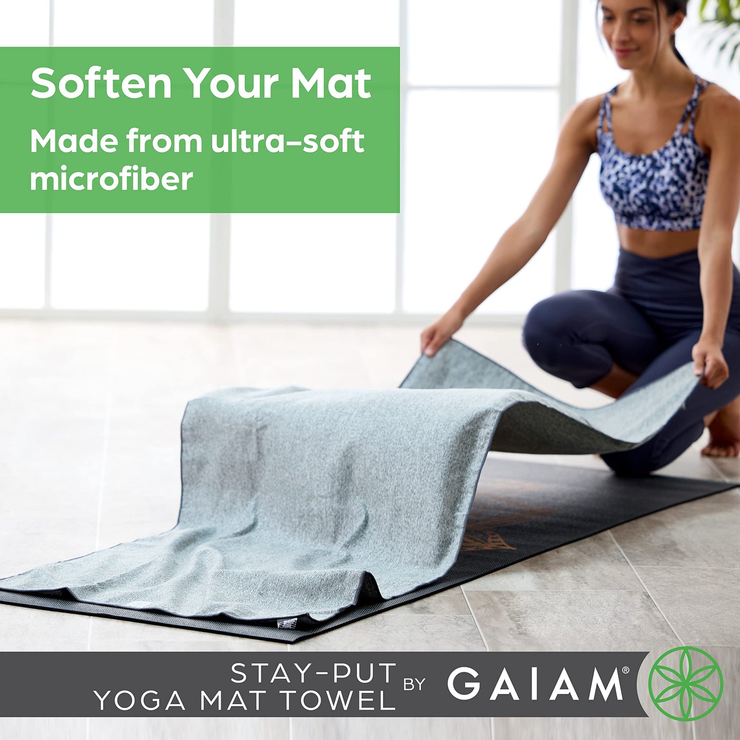 Gaiam Yoga Towel - Mat Sized Active Dry Non Slip Moisture Wicking Sweat Absorbent Microfiber Hot Yoga Towel for Women & Men | Stay-Put Corner Pockets (70" Long x 26" Wide)