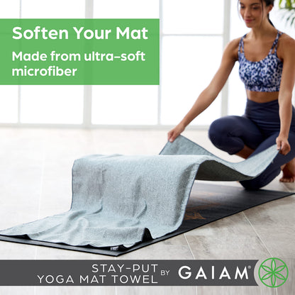 Gaiam Yoga Towel - Mat Sized Active Dry Non Slip Moisture Wicking Sweat Absorbent Microfiber Hot Yoga Towel for Women & Men | Stay-Put Corner Pockets (70" Long x 26" Wide)