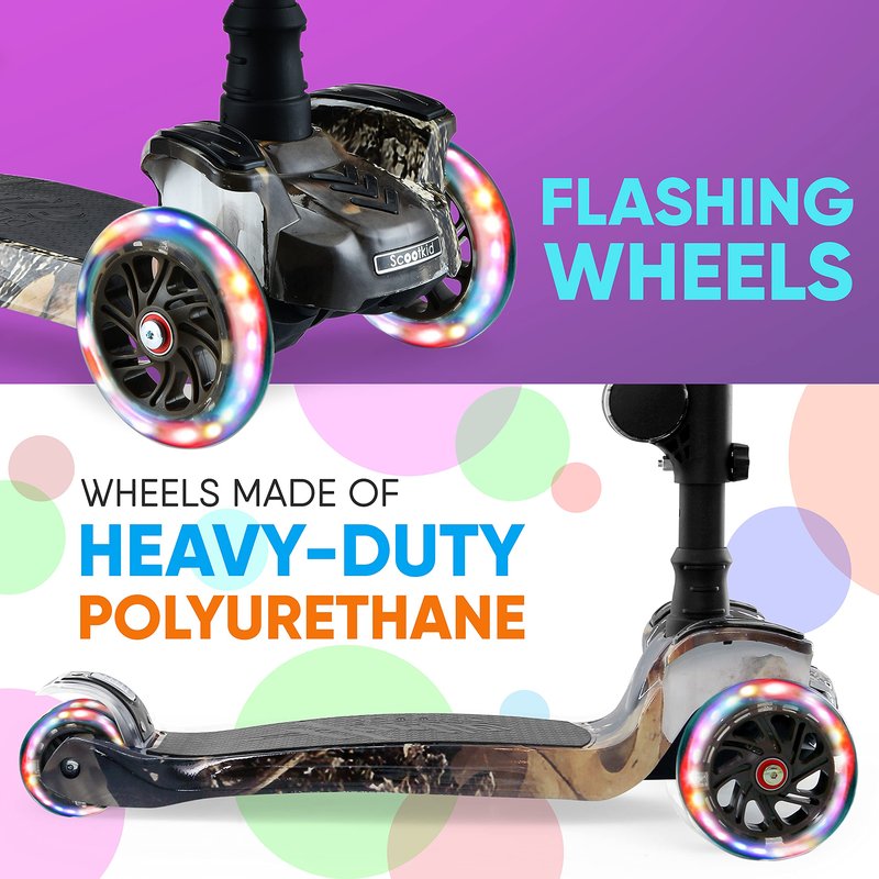 Hurtle 3 Wheeled Scooter for Kids - 2-in-1 Sit/Stand Child Toddlers Toy Kick Scooters w/ Flip-out Seat, Adjustable Height, Wide Deck, Flashing Wheel Lights, For Boys/Girls 1 Year Old+ (Real Tree)