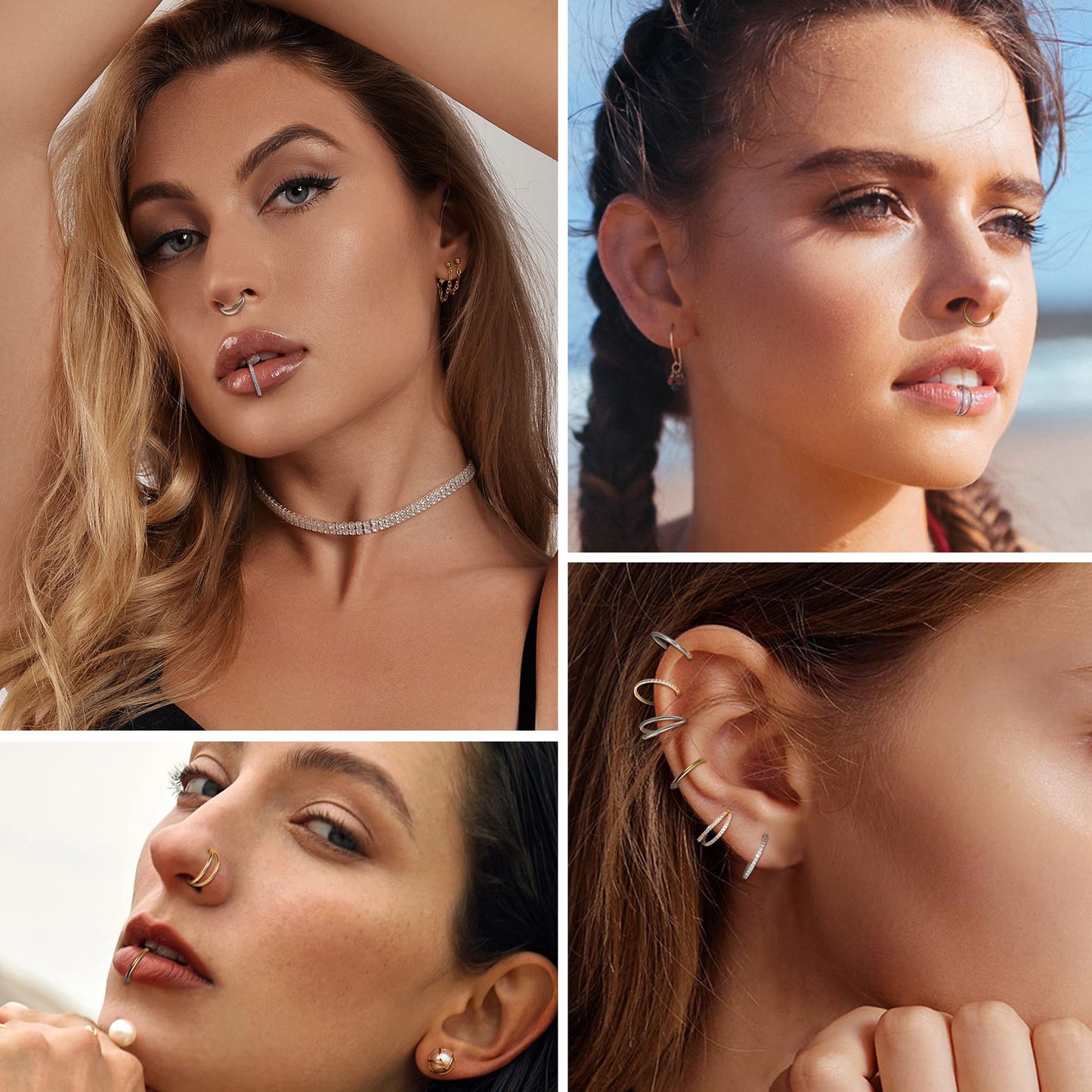 Dochais 4 Pieces Nose Ring 18G, Septum Ring Clicker, Nose Ring Stainless Steel, Septum Piercing Jewellery, Daith Piercing Hoop for Women Men Silver 8mm