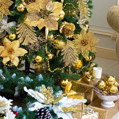 Winlyn 26 Set 3 Style Christmas Gold Glitter Poinsettia Flowers Picks Xmas Tree Ornaments and 20 Yards Decorative Gold Glittered Wired Ribbon for Christmas Tree Wreaths Garland Holiday Décor