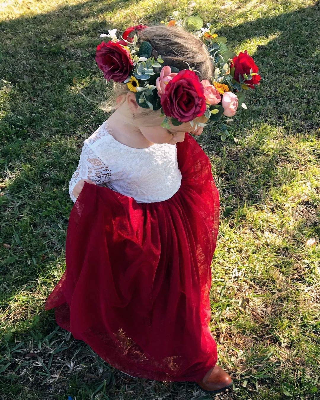 Girl Toddler Full-Length Straight Tulle Tutu Lace Back Party Flower Girl Dress (6-7 Year, Sleeve-Wine red)