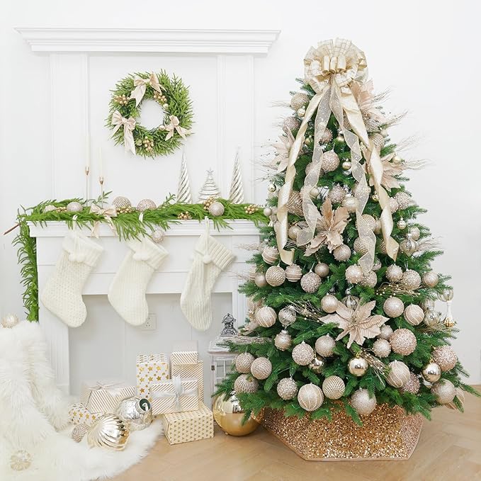 6pcs 3.94" Christmas Ball Ornaments Glitter Shatterproof Christmas Tree Ornaments Sequin Xmas Hanging Balls Decorations for Wedding Party Holiday(Champagne Gold, 6pc-10cm)