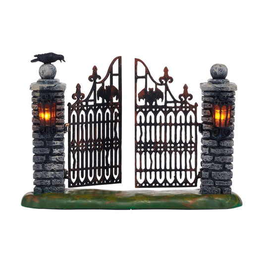 Department 56 Halloween Accessories for Village Collections Mini Spooky Wrought Iron Gate Lit Figurine, 4,53 Inch, Multicolor