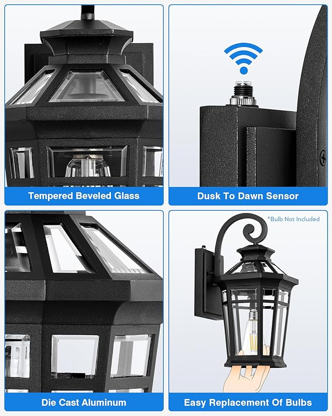 Outdoor Light Fixtures Wall Mount, 2-Pack Outdoor Wall Sconce Dusk to Dawn, Exterior Lantern with E26 Base, Matte Black Finish Coach Lights for Garage, Waterproof Outside Lights for House