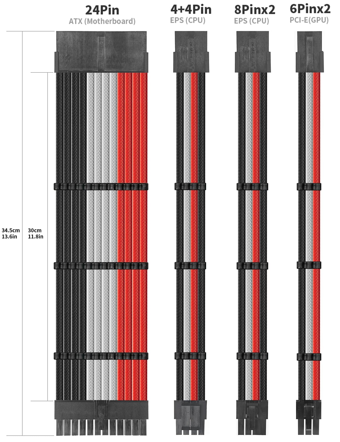 upHere Sleeve Extension Power Supply Cable Kit, Power Supply with Extra-Sleeved 24-PIN 8-PIN 6-PIN 4+4 PIN-Red/White/Black with Cable Combs(11.8 inch/ 30CM)