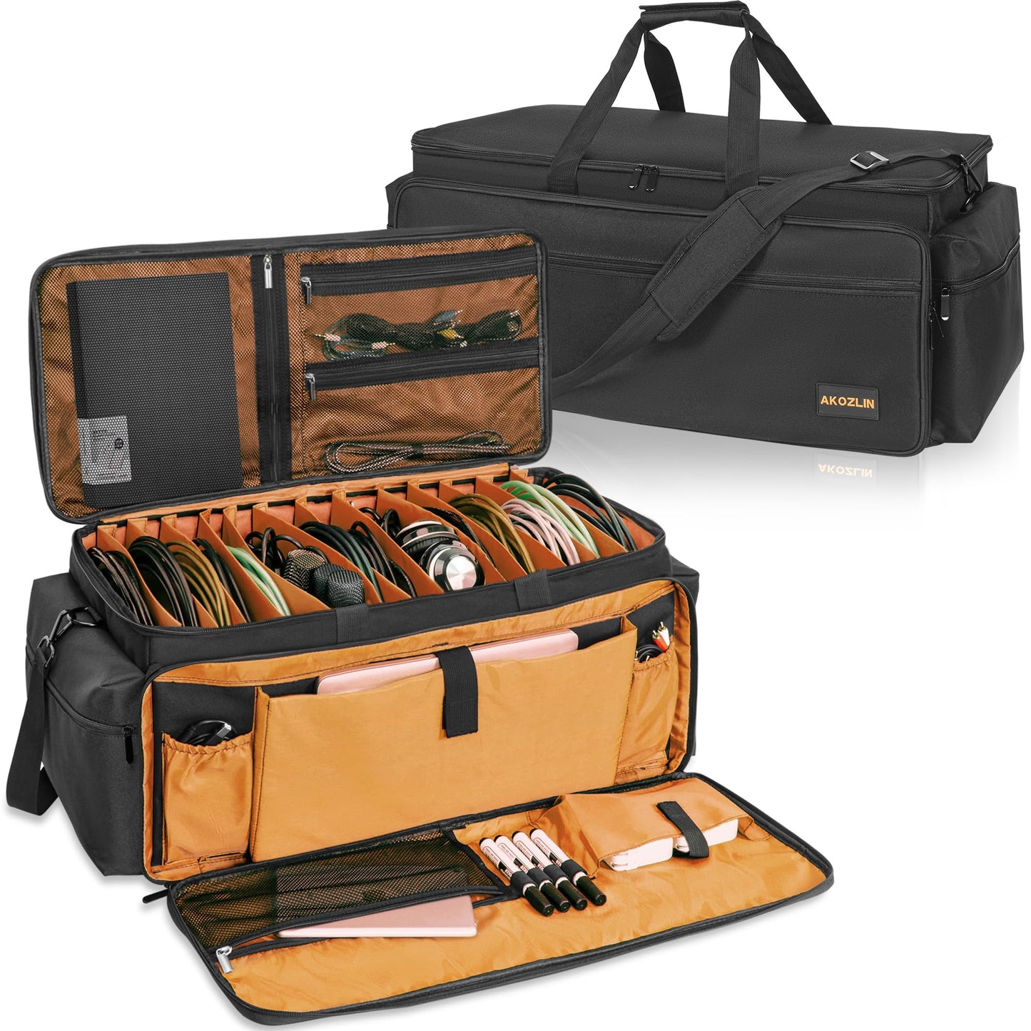 AKOZLIN Cable File Bag with Detachable Dividers, DJ Gig Bag Cord Organizer Case for Laptop,DJ Gear, Sound Instrument and Music Equipment Accessories Black Orange