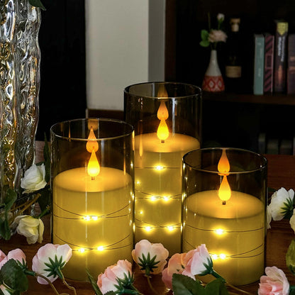 Kiexung Flameless Candle with String Light, Battery Powered Candle, Recessed String LED Candle, Indestructible Plexiglass Candles with Remote Control, Set of 3, Gray