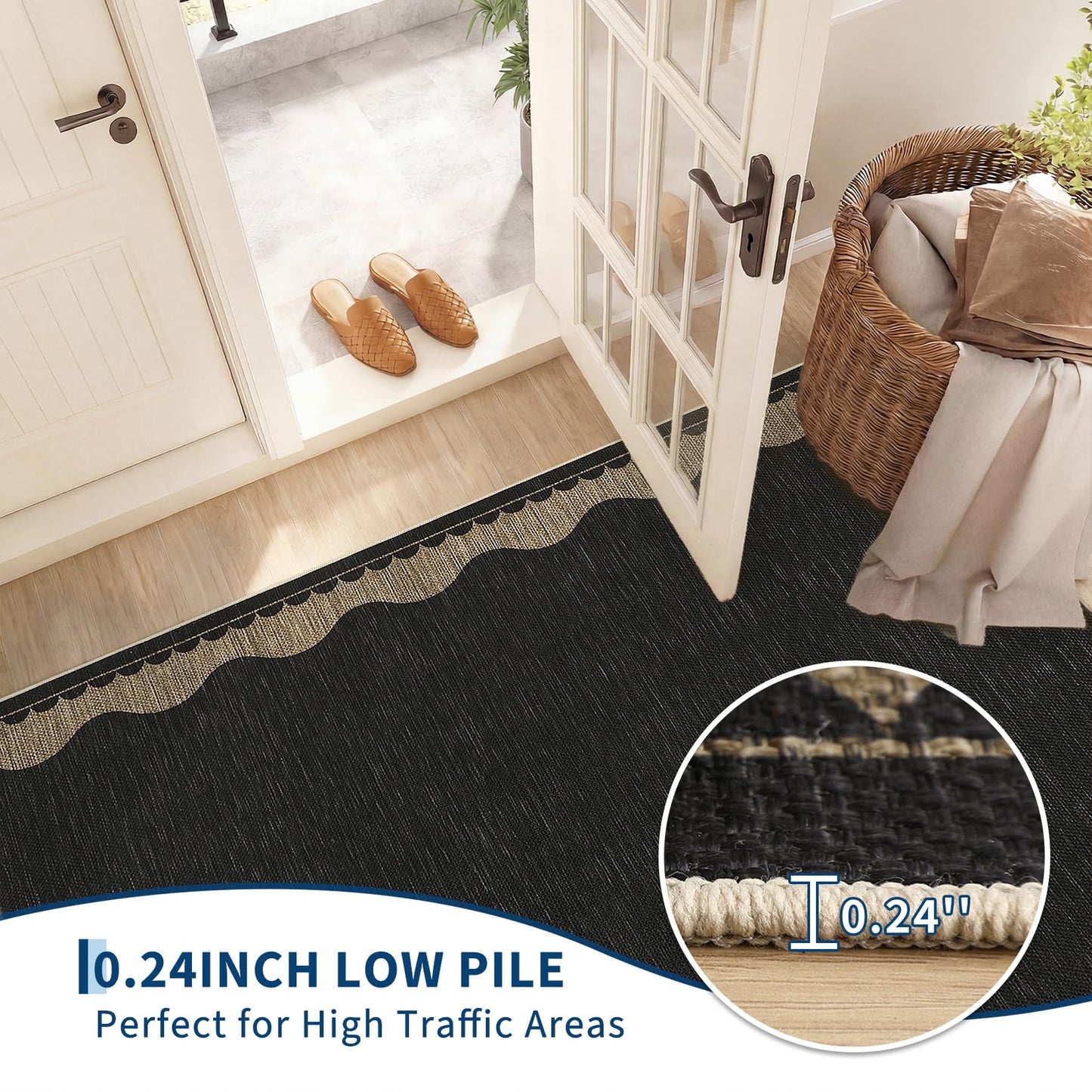Garvee 8x10 Scalloped Easy Jute Area Rugs for Living Room, Modern Border Washable Outdoor Patio Rug with Non Slip Backing, Non Shedding Stain Resistant Mats for Bedroom, Dining Room, Porch, Black
