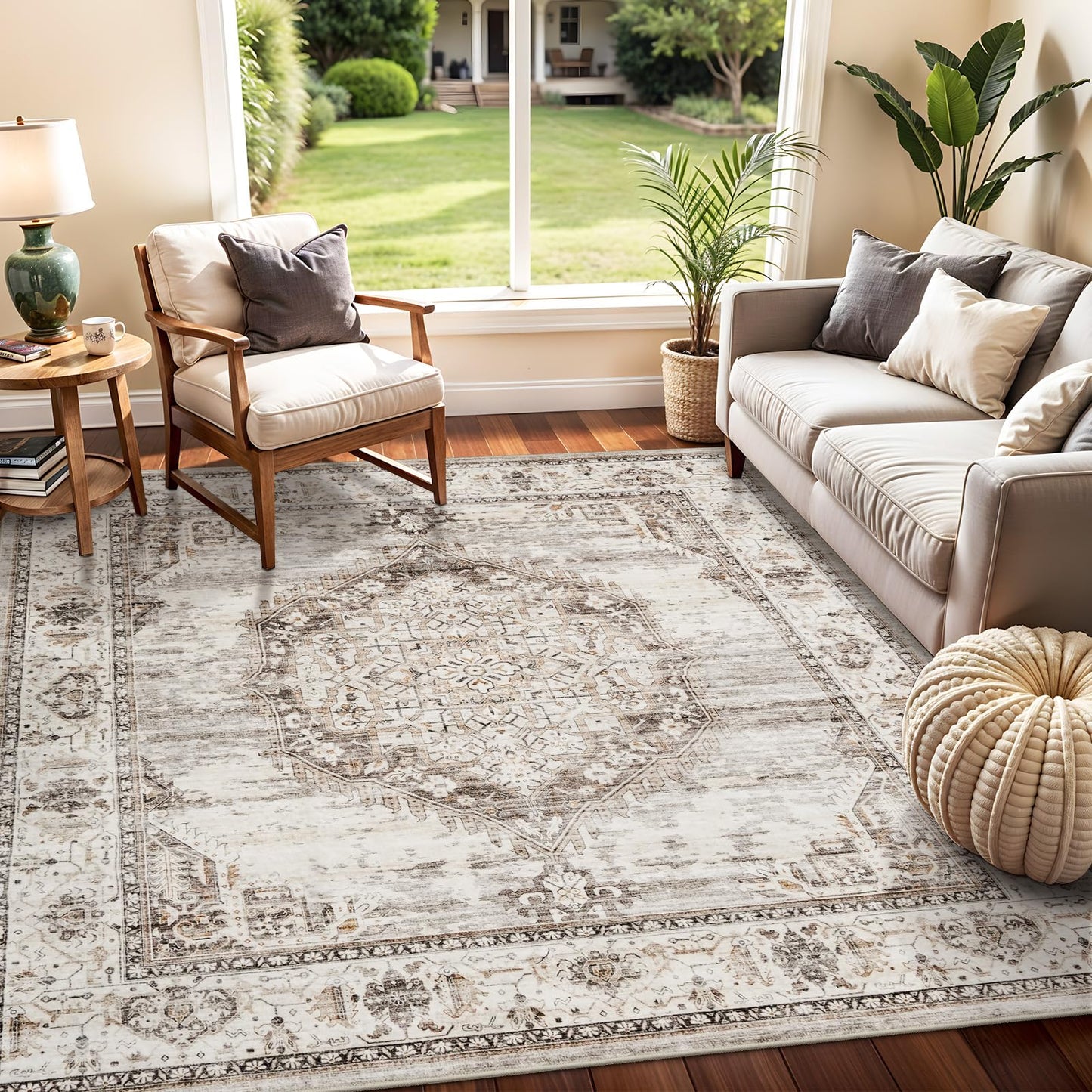 5x5 Area Rug Washable Living Room Rugs: 5ft Square Ultra Thin Soft Oriental Area Rugs Non-Slip Backing Farmhouse Rug Low Pile Thin Stain Resistant Indoor Carpets, 5' x 5' Beige