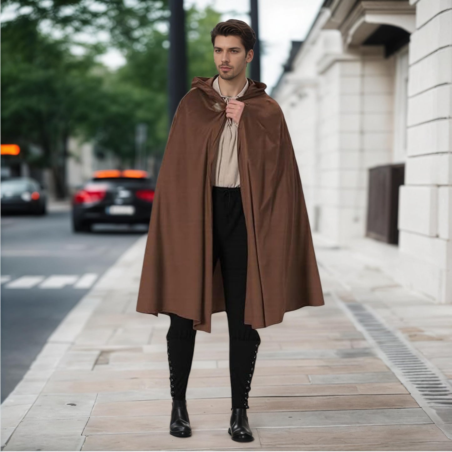 LMYOVE Men Hooded Cloak Adult Medieval Renaissance Costume with Hood Velvet Cape Halloween Dress Up（Round Beck Brown，39.37''）