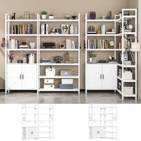 Semoic 6-tire Farmhouse White Corner Book Shelf with 2 Barn Doors and 10 Storage Shelves, 71.3" Tall Convertible Etagere Bookcase with Storage Cabinet, Large L Shaped Bookshelf for Living Room(White)