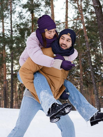 LOROME Winter Beanie Hat Scarf Gloves, Warm Fleece Knit Winter Hats Touch Screen Gloves Neck Scarf Set Winter Gifts for Women Men