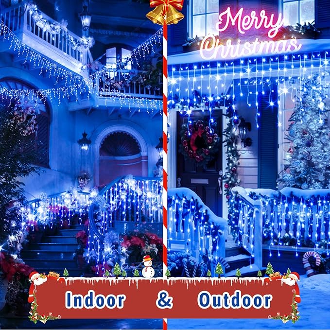 JXLEDAYY Christmas Lights Super Long 1280 LED 131 FT LED String Lights with 240 Drops Plug in 8 Modes Christmas Decoration for Holiday Wedding Party Bedroom Garden Patio Outdoor Indoor (Blue)