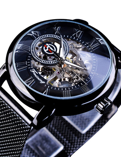 FORSINING Black Mechanical Watch for Men Minimalist Retro Design Staempunk Mechanical Skeleton Wrist Watch Transparent Business Mesh Band Watch