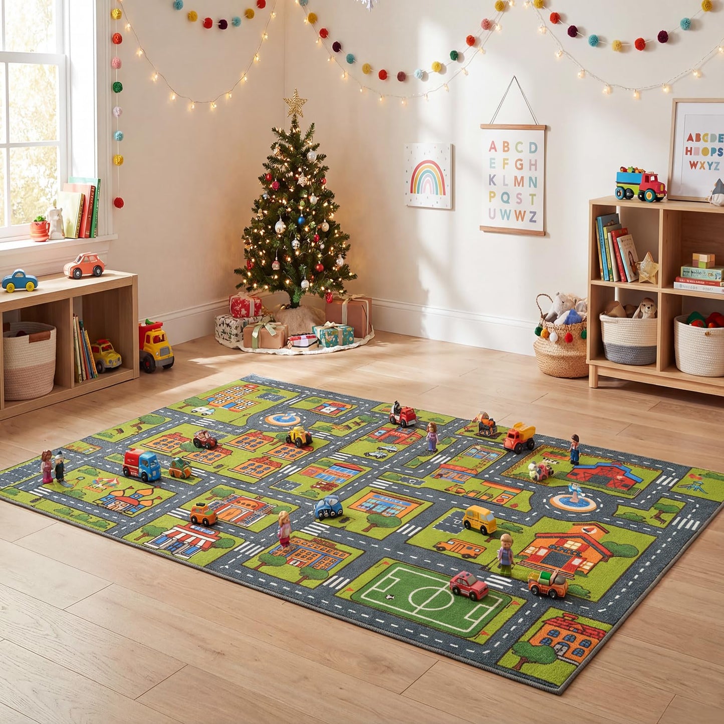 Merelax 5x8 Kids Car Area Rug, Grey Green Area Road Rugs for Living Room Playroom Classroom Bedroom, Non Slip Kids Play mat, Washable Rug, Educational City Traffic Map Fun Car Carpet for Ages 3-12