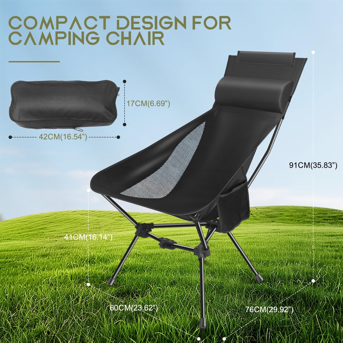 JITOOW Camping Chairs, Portable Camping Chair with Headrest and Storage Bag, Lightweight Foldable Chair for Outside Camping, Hiking, Travel, Beach and Sports