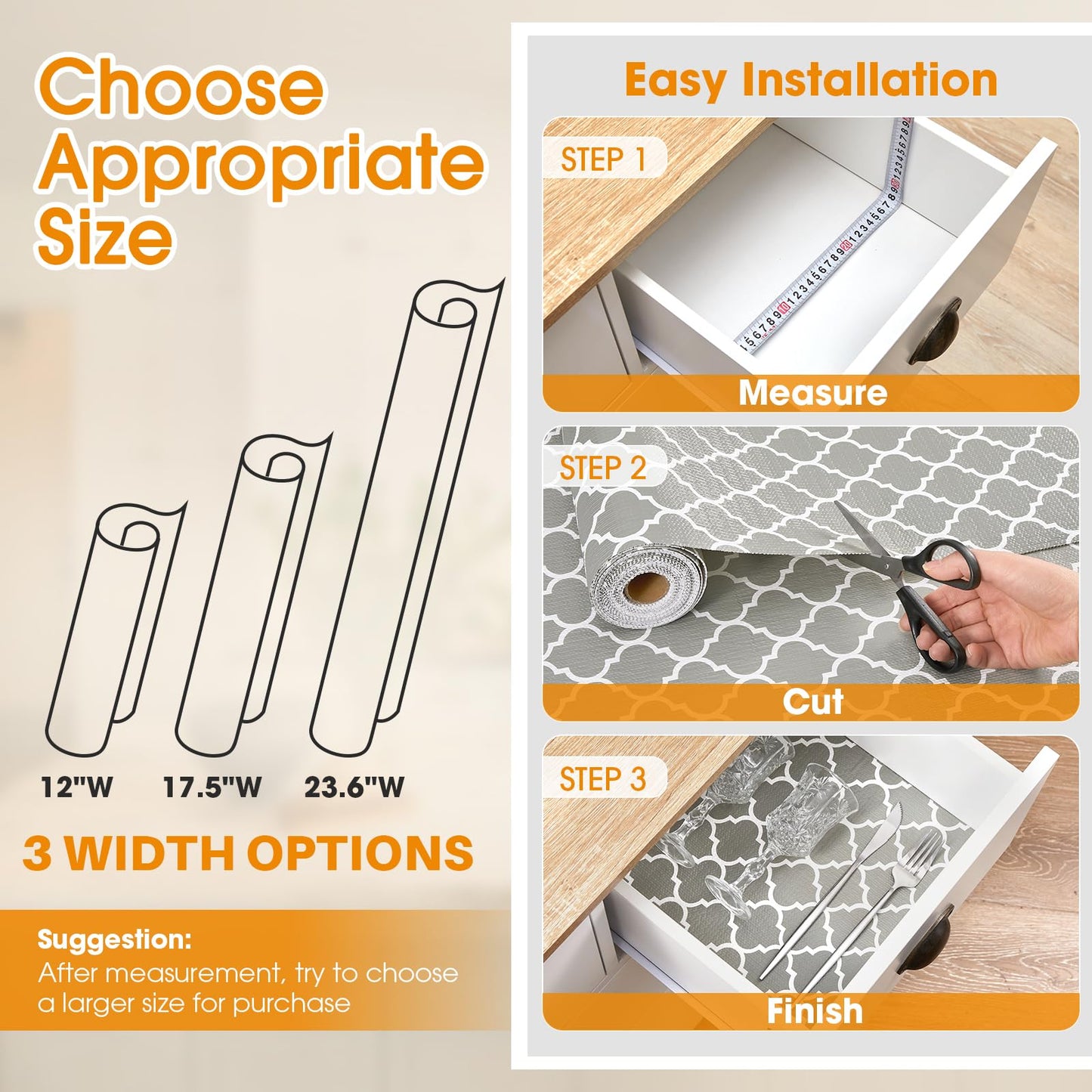 COAVAS Shelf Liner for Cabinets & Drawers Non Slip, No Adhesive Drawer Liners for Dresser, Kitchen, Shelves, Thick Shelf Paper Waterproof, Cut-to-Size (Gray, 12IN x 10FT)