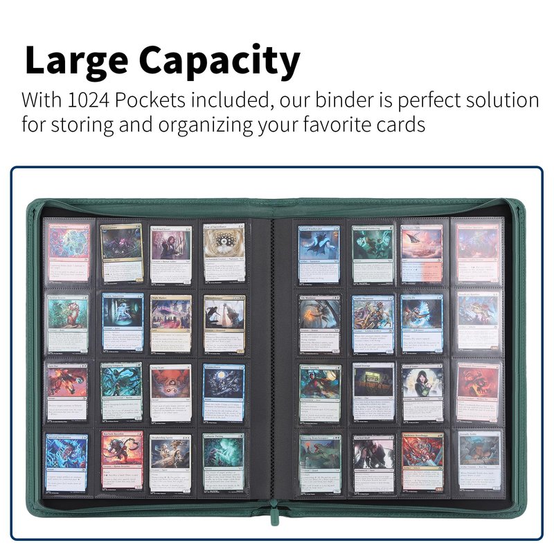 Snekdy premium 1024-pocket trading card binder, 16-pocket cards album, waterproof PU-leather Cover album with side loading, holds gaming, baseball, basketball & sports cards Green