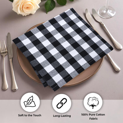 Urban Villa Cloth Napkins 100% Cotton Dinner Napkins Highly Absorbent 20x20 Inches (Set of 12) Black White Buffalo Checks Reusable Washable Soft Durable Premium Napkins Ideal for Home Wedding Parties
