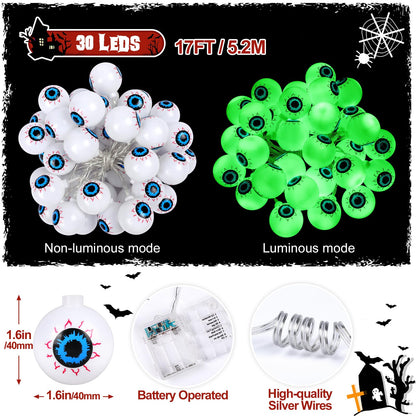 Halloween Decorations 30LED 17Ft Eyeball Halloween String Lights With Timer Remote Battery Operated 8 Modes Halloween Lights Halloween Indoor Outdoor Decorations For Home Garden Yard Halloween Décor