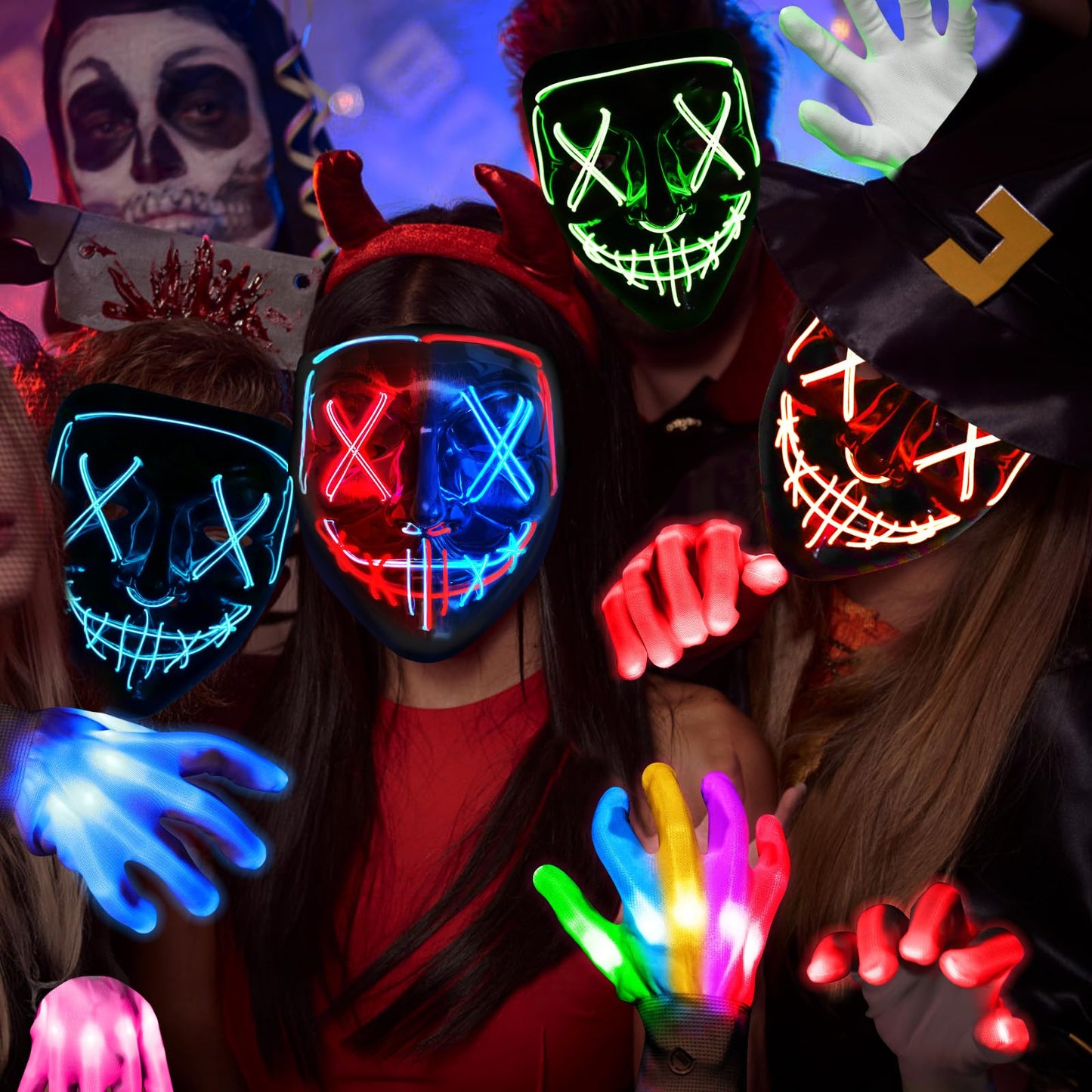 Onsucum Halloween LED Light Up Mask, Scary Glowing Mask for Cosplay Costumes, Festival, Carnival Party Supplies Gifts (Blue & Red)