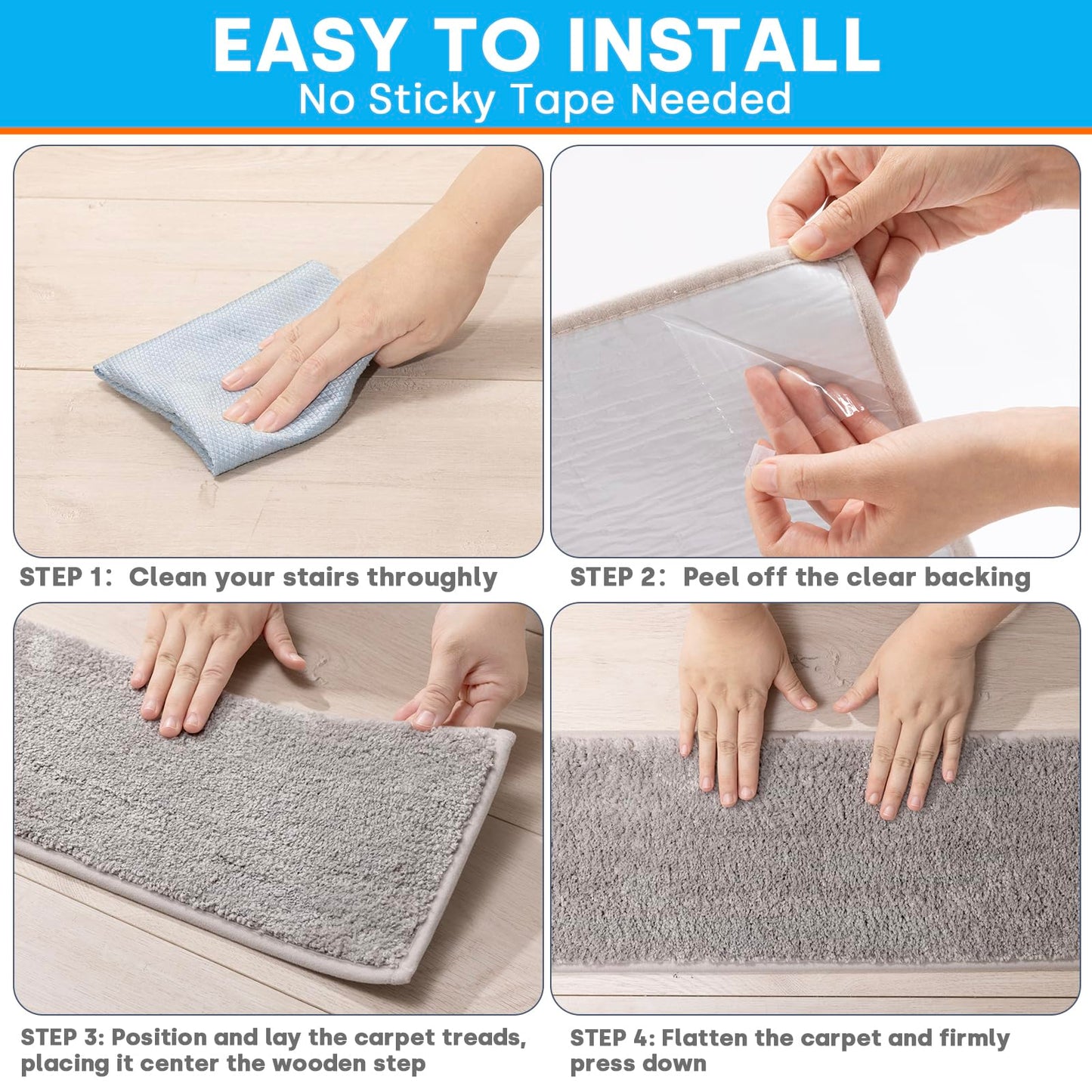 SHIEN Non-Slip Stair Treads for Wooden Steps, 8x30 Inch Extra Thick Stair Mats (13mm), Precisely Sewn Edges & No Trimming Needed, Heavy-Duty Polyester Indoor Carpet Pads (Grey, 12pc)