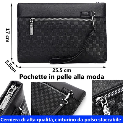A-QMZL Men's Leather Clutch Bag Large Capacity Business Clutch Bags Wallet Card Slots Pockets with Zipper Wallets for Men with Wrist Strap Wrist Bag Work Travel Casual, Black, 26*17*3.5cm, Retro