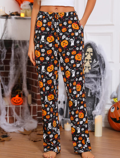 ENJOYNIGHT Women Cotton Lounge Pants Comfy Pajama Bottoms With Pockets&Drawstring(Black Pumpkin, Medium)