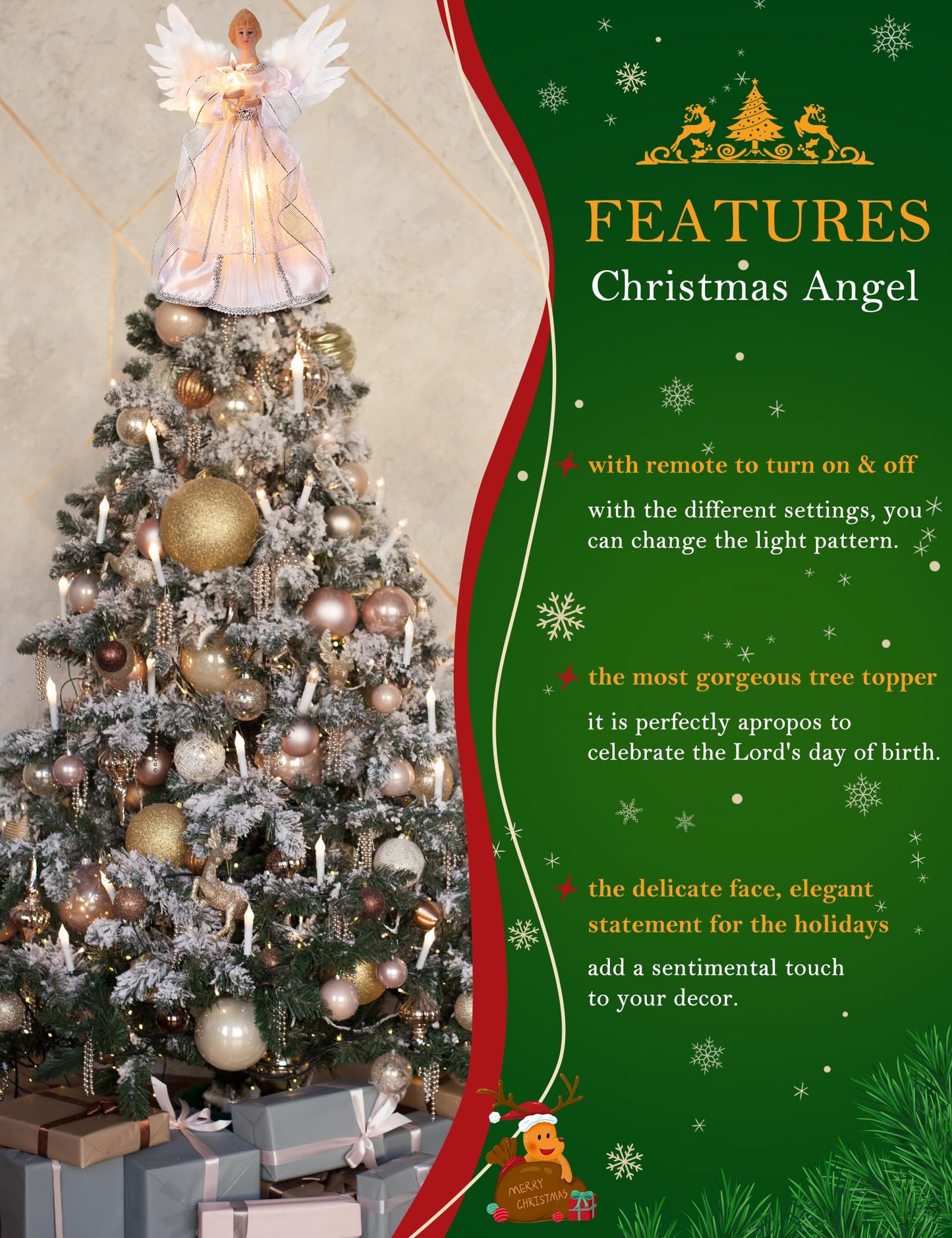 PEEKI Christmas Tree Topper, 12" Angel Treetop with Lights and Remote Control Timer, Christmas Tree Decoration for Holiday Ornament and Home Decor,Silver