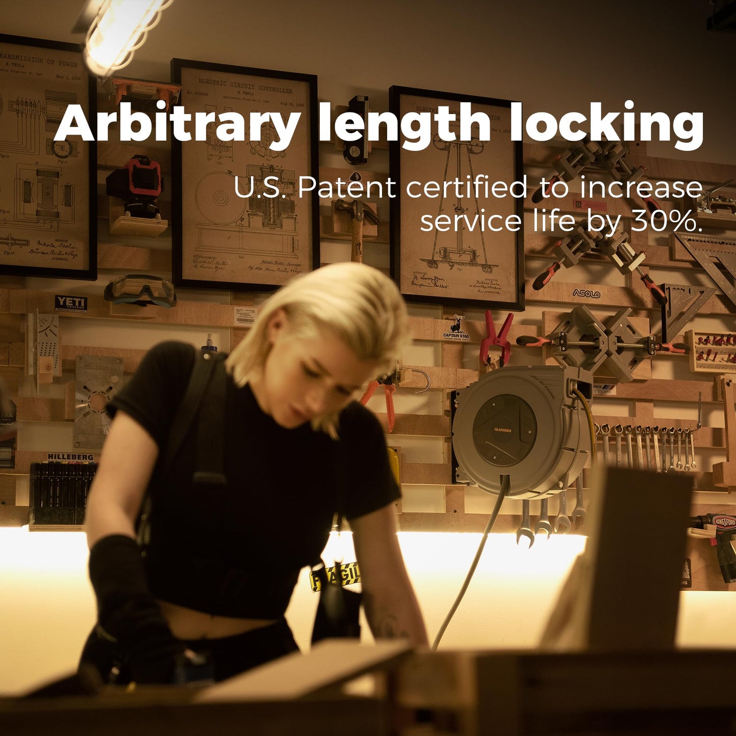 GLAHODEN Enclosed Retractable Air Hose Reel, 3/8 in x 50 Ft Hybrid Hose Air Compressor Hose Reel with 5 Ft Lead in Max 300 PSI Patented Design for Any Length Lock 180°Swivel Bracket Quick Coupler