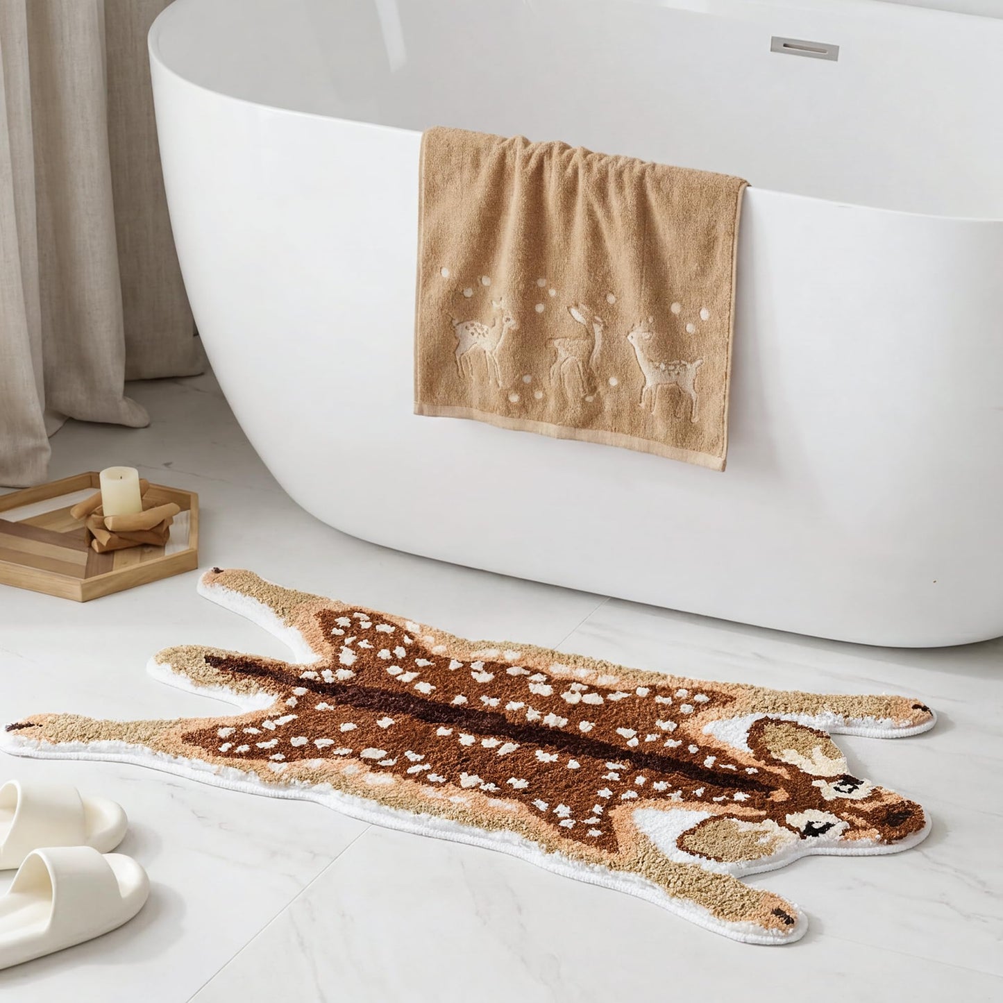 FROZZUR Cute Deer Bath Rug - Soft Washable Non-Slip Bath Mat for Bathroom, Brown Woodland Fawn Animal Print Rug Wild Animals Decor, Funny Kids Bathroom Rug Absorbent